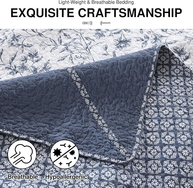 DDUOXIN Botanical Super Oversized King Bedspread - 128" W x120 L Extra Wide 100% Cotton California Quilt, Lightweight Reversible Oversize Bedspreads with 2 Pillow Shams, Blue/White