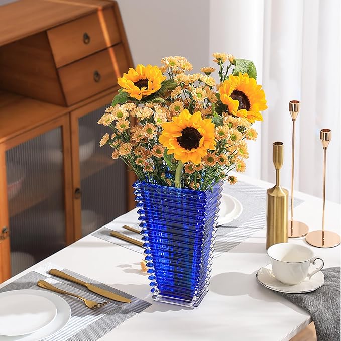 MCMCNCUIU Crystal Glass Vase, Large Crystal Vases for Flowers, Large Flower Vase, Blue Modern Vases for Living Room, Bedroom, Kitchen, Dining Table, Mantle, Wedding, 11 Inches