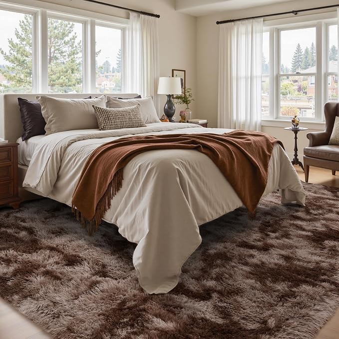 5x7 Ft Shag Brown Area Rug for Bedroom Living Room, Tie-Dyed Ultra Soft Fluffy Furry Rugs for Indoor Floor, Aesthetic Carpet for Kids Home Decor (Coffee)