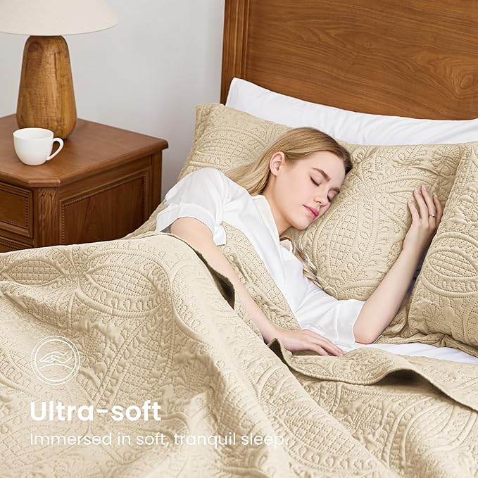 Love's cabin Quilts for Full Bed Camel Bedspreads Bedding Set - Lightweight Bedspread Comforter - Coin Pattern Bedding Coverlet for All Season - 3 Pieces (1 Quilt, 2 Pillow Shams)