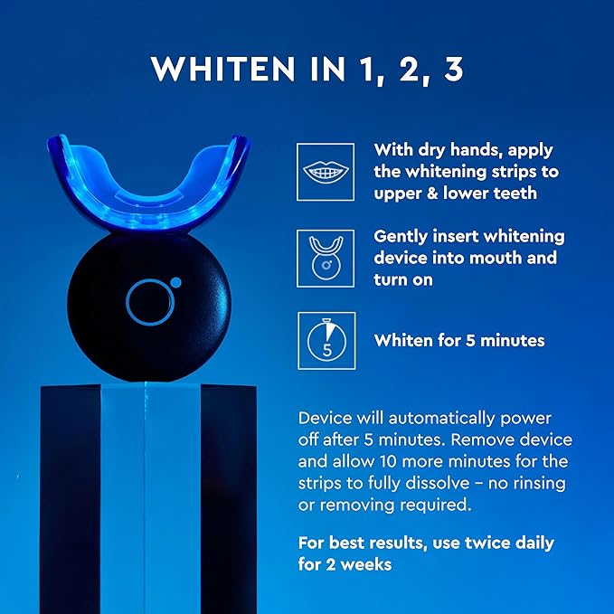 MOON LED Teeth Whitening Kit - Gentle Teeth Whitener Device, 56 White Strips, USB Charger & Travel Case - Blue Light Whitening Tray Removes Stains & Whitens Up to 12 Shades in 2 Weeks (4 Piece Kit)