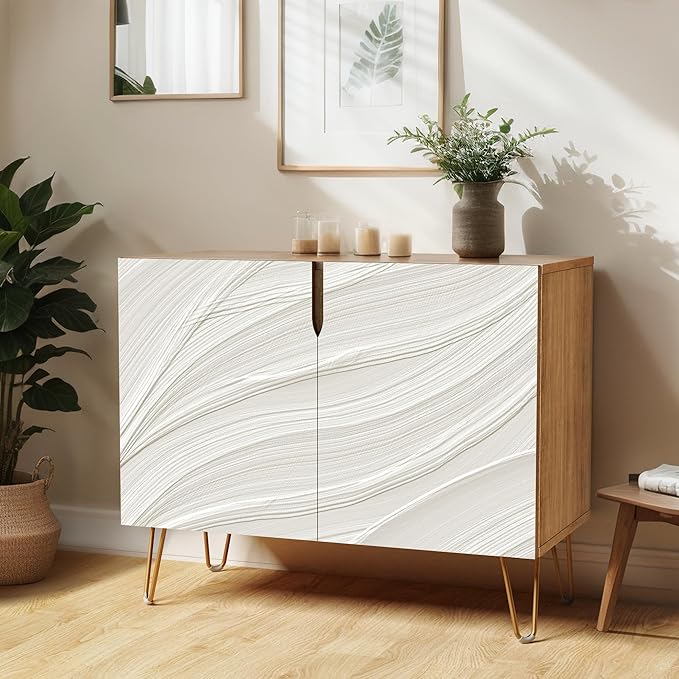 SIGNWIN Sideboard Buffet Cabinet, Kitchen Storage Cabinet with 2 Doors, Gray & White Paint Stroke, Cupboard Console Table for Dining Room - 35" L x 18" W x 29" H