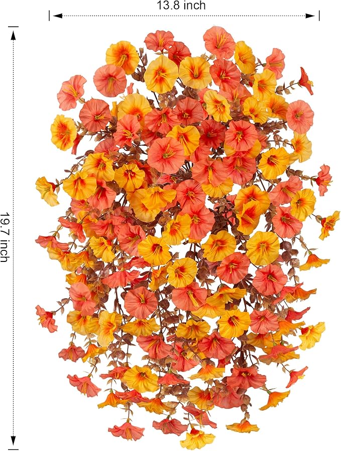Ivydale 2 PCS Artificial Fall Hanging Flowers Fake Petunias Outdoor, Silk Faux Morning Glory Flowers with Eucalyptus,UV Resistant Realistic Mums Plants for Home Garden Decor (Fall Orange+Yellow)