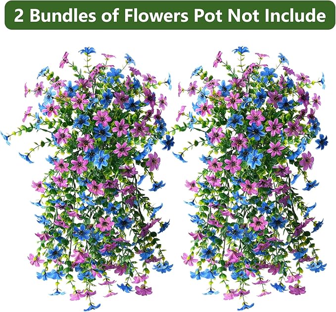 Artificial Fake Hanging Flowers Plants for Outdoor Spring Decoration, 2 PCS Faux Silk Daisy Flower UV Resistant Look Real for Outside Patio Porch Garden Balcony Yard Home Summer Decor(Perple Blue)