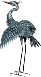 Regal Art & Gift Outdoor Garden Décor, Unique Bird Sculpture, Rustic Metal Bird Statues, Garden Ornaments, Bird Figurine for Lawn, Decorative Sculpture, Heron, Blue, Wings Down, 41"height
