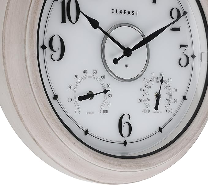 CLXEAST 18 Inch Illuminated Outdoor Clock with AI Smart Sensor, Large Farmhouse Wall Clock with Temperature & Humidity,Weathered White Finish,Unique House Warming Gifts