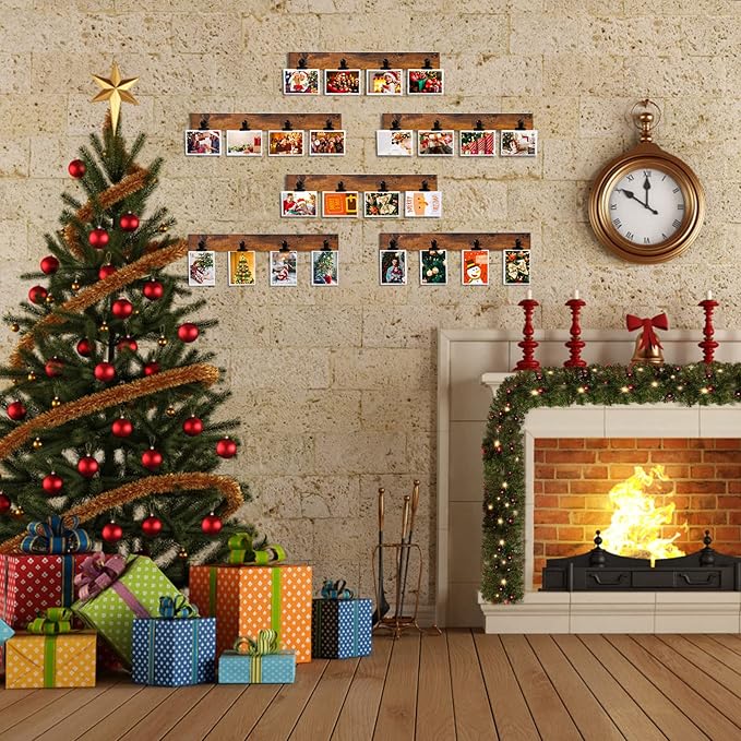 Picture Frame With 24 Clips,Large Size Collage Photo Frames, Hanging Wall Decor Frame, Organize and Display Photos, Artwork. No Assembly Required, Brown