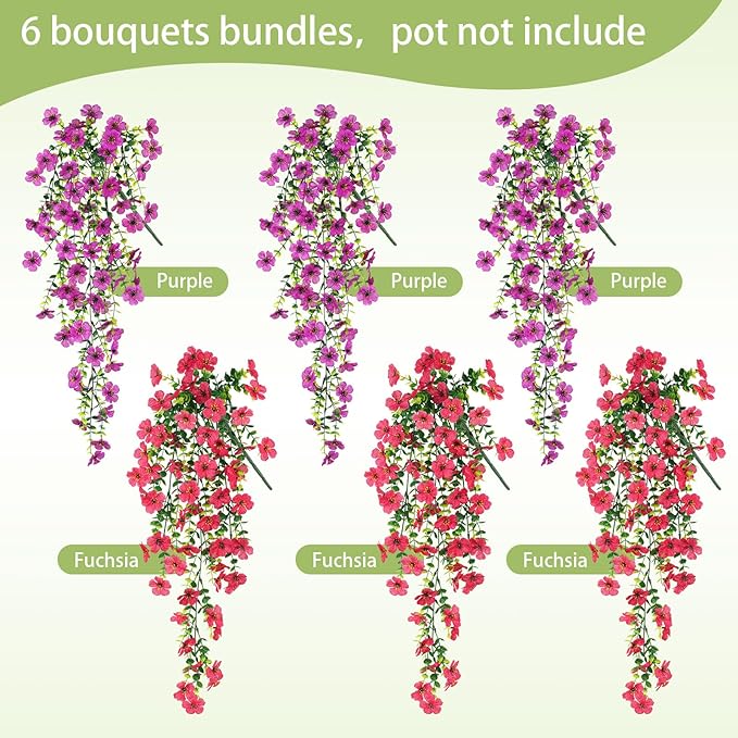 Artificial Hanging Flowers for Outdoors Faux Plants for Spring Summer Decoration,6 Bundles UV Resistant Realistic Silk Flowers Indoor Outside Garden Porch Patio Balcony Yard Farmhouse