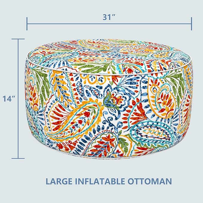 LVTXIII Indoor/Outdoor Inflatable Ottoman, D31 x H14 Inch Large Round Ottoman, All Weather Foot Rest Stool, Portable Footrest for Patio, Garden, Camping and Home - Paisley Multi