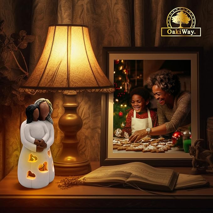 Grandma-Granddaughter Hand-Painted Candle Holder Statue W/Flickering LED Candle | Unique Nana Present Ideas for Christmas, Gigi Grandmother Birthday Gift, Greeting Card Included (Dark)