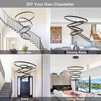 Large Modern Chandelier, 15.7"-31.4" Ring Chandelier LED Black Chandelier, 3000K High Ceiling Chandelier with 4 Ring, Large Chandeliers for High Ceiling Foyer Office