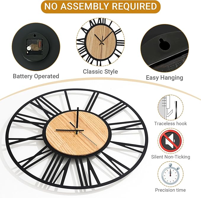 16inch/40cm Wall Clock for Bedroom Living Room Battery Operated Metal Decorative Analog Silent Analog Non Ticking Clocks Room Wall Decor (Wooden Roman Numerals, 16 inches)