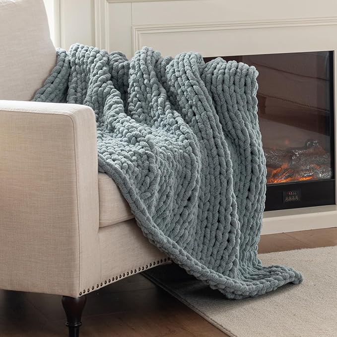 Chunky Knit Blanket Throw, 100% Hand Knit Throw Blanket Handmade Chenille Cable Knit Throw for Couch, Stylish Cozy Soft Rope Knot Crochet Blanket for Home Decor, Chambray Blue, 50x60 Inches