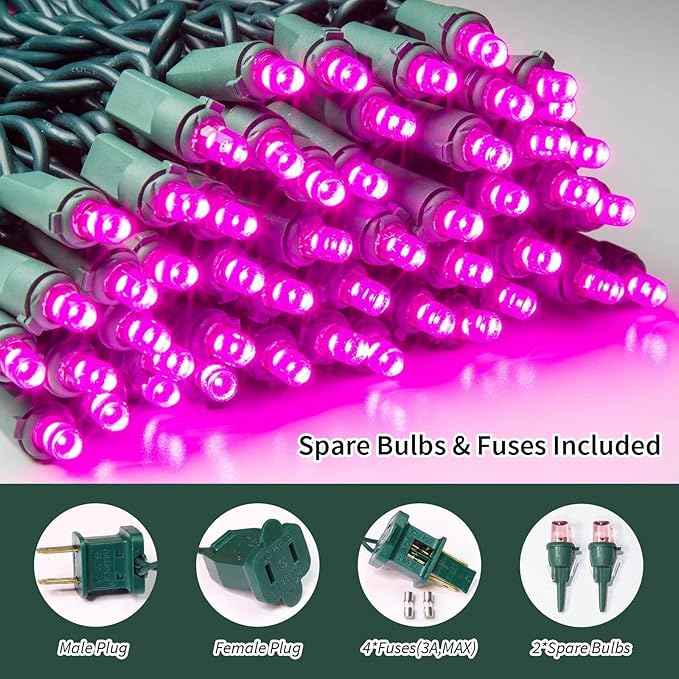 Pink Wide Angle LED String Lights, 64.8 Ft 300 Count, Pack of 3 Strands 21.9 Ft 100 Lights UL Certified Commercial Grade Green Wire 5mm Holiday String Light