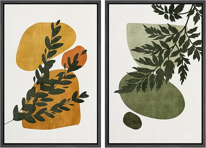 SIGNFORD Framed Canvas Print Wall Art Set Mid-Century Forest Fern Leaf Collage Abstract Shapes Illustration Modern Art Decorative Nordic Nature for Living Room, Bedroom, Office - 24"x36"x2 Black