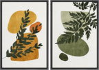 SIGNFORD Framed Canvas Print Wall Art Set Mid-Century Forest Fern Leaf Collage Abstract Shapes Illustration Modern Art Decorative Nordic Nature for Living Room, Bedroom, Office - 16"x24"x2 Black