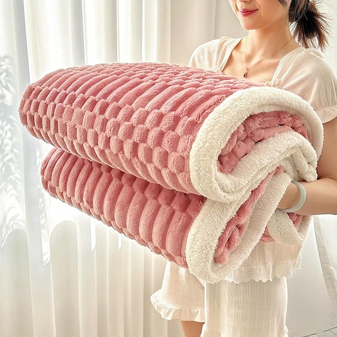 UKELER Pink Sherpa Throw Blanket 60 × 80 inch, 470 GSM Striped Sherpa Fleece Blankets for All Season, Warm and Cozy Blanket for Couch Sofa Bed Office Camping