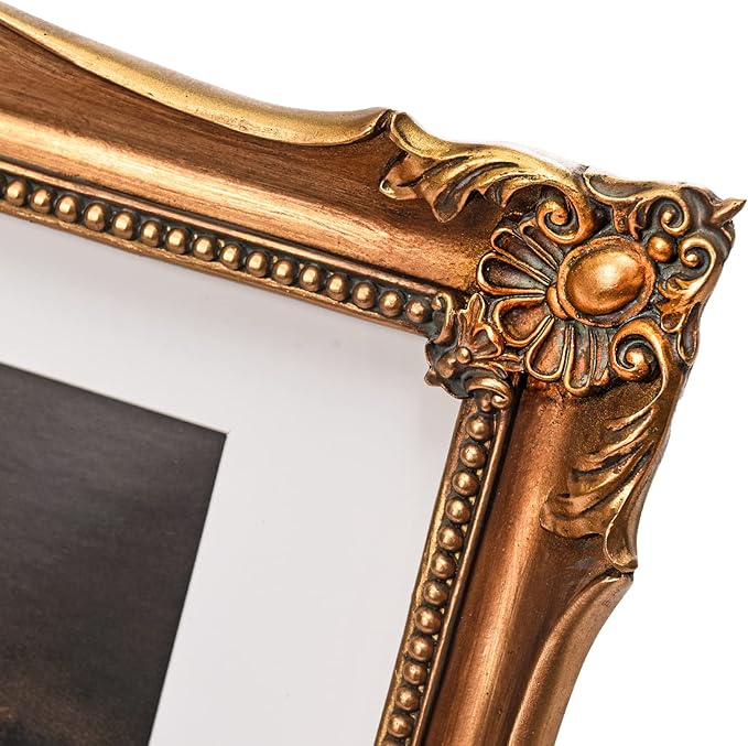 Vintage 11x14 Picture Frame with Embossed Flower, Ornate Gold Frame for 11x14 or 8x10 Photos with White Mat, Antique Baroque Frames with Hook for Wall Mounting Display(Bronze)