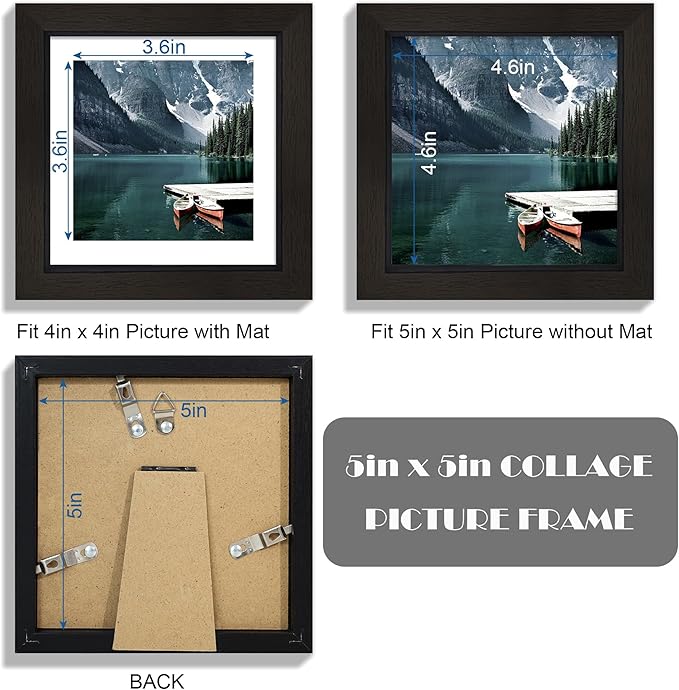 5x5 Picture Frame with Real Glass - Display Pictures 4x4 with Mat or 5 x 5 without Mat, Photo Frame for Wall or Table Top Display(Black, 3 Pack)