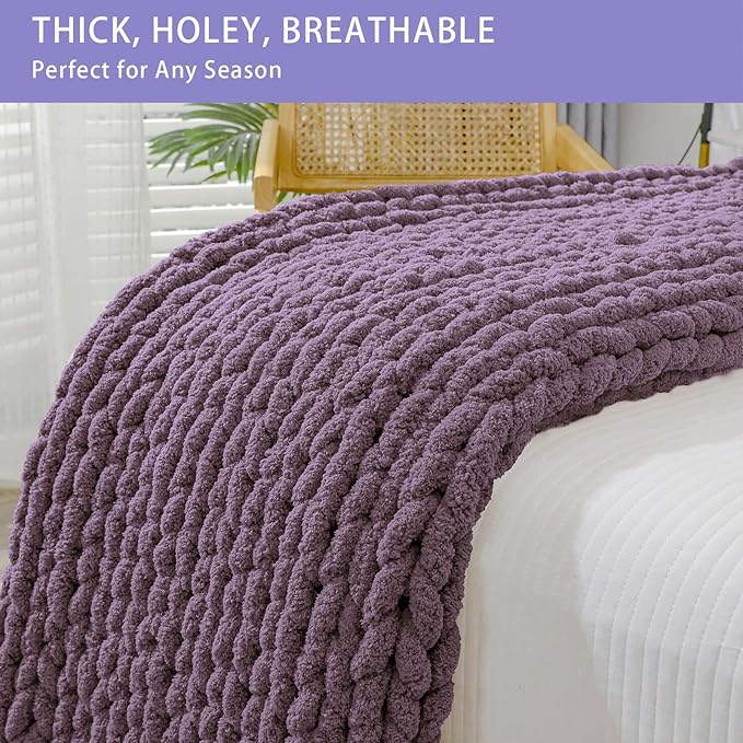 Bigacogo Chunky Knit Throw Blanket for Couch, 40x80 inches, 100% Hand Knitted with Thick Jumbo Chenille Yarn, Cozy Soft Large Rope Knot Cable Crochet Blankets for Sofa Bed Living Room, Winter Grape