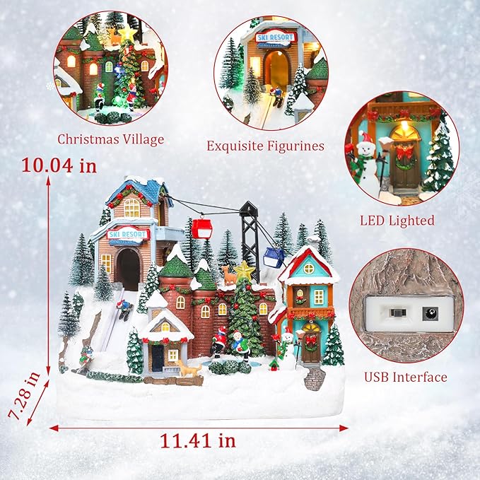 VCUTEKA Animated Christmas Village Houses, Lighted Musical Ski Resort Scene with Ice Skating Rink, Ski Lift, Snowman, Victorian Xmas Village Collectible Building Decoration for Holiday Table Display