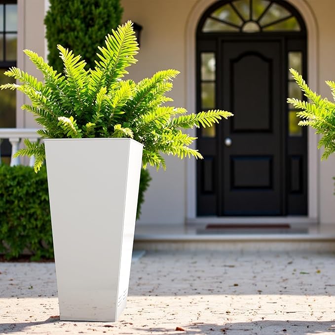 Worth Garden 28" H. Large Metal Glazed Planter Set of 2, Modern Glossy Finish White Tall Square Tapered Steel Flower Plant Pots for Indoor & Outdoor Use - Insert Plate with Drain Holes, Air Vents