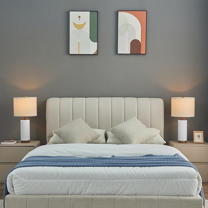 White Ceramic Table Lamp 3 Way Dimmable Nightstand Pottery Lamp Set of 2 with Oatmeal Shade 25" Modern Bedside Desk Lamp with USB A+C for Living Room Bedroom Farmhouse Dining Room Enterway