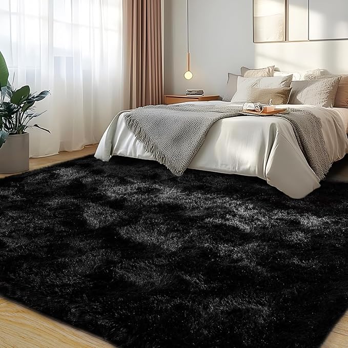 Soft Plush Shag Rug 5x7, Ultra Fluffy Rug for Living Room Bedroom, Non-Slip Fuzzy Large Area Rug for Living Room, Carpet for Girl Boy Kids, Modern Indoor Home Decor Aesthetic, Black