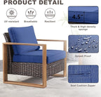 Wicker Outdoor Patio Chairs Set of 2, Rattan Patio Furniture Chairs with Sturdy Frame,All-Weather PE Wicker,Wide Armrest,Deep Seating and Thick Cushions for Deck Porch Garden(Brown/Blue)