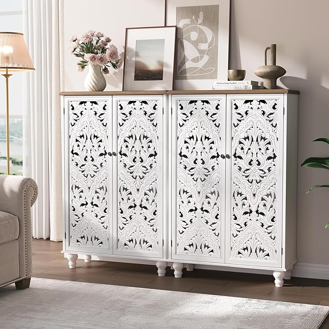 47" Tall Storage Cabinet with Doors and Shelves, Wood Accent Cabinet with Distressed Finish, Buffet & Sideboard for Living Room, Entryway, Dining Room, Bedroom, White