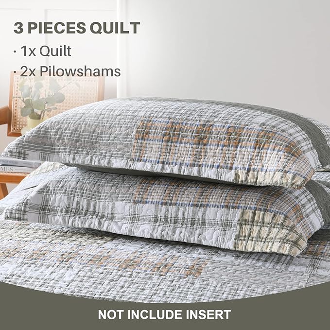 Y-PLWOMEN Quilts Queen Size - 100% Cotton Greyish Green Queen Quilt Farmhouse Plaid Quilted Bedspread, 3 Pieces Lightweight Reversible Queen Size Quilt Bedding Set for All Season
