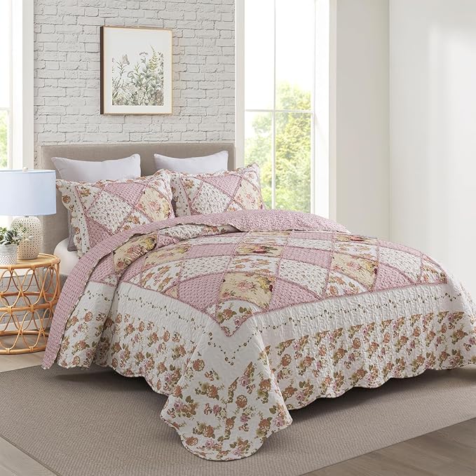Travan 3-Piece Quilt Set Quilted Bedspread Lightweight Coverlet Set Garden Style Floral Printed Oversized Quilted Bedding Set with Shams for All Season, Exquisite, Queen Size