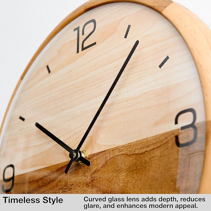 Driini Analog Dome Glass Wall Clock (12") - Pine Wood Frame with Two-Tone Wooden Face - Battery Operated with Silent Movement - Large Decorative Clocks for Classroom, Office, Living Room, or Bedrooms.