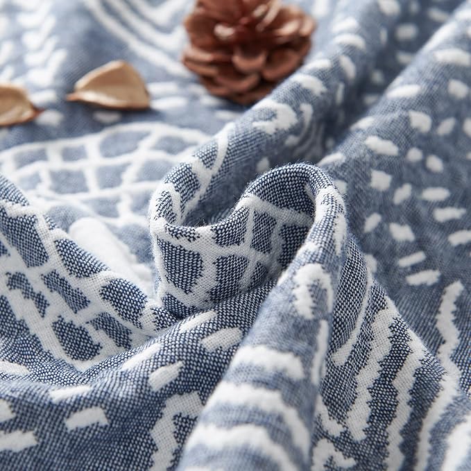 JINCHAN Boho 100% Cotton Muslin Blanket 3-Layer Twin Size Geometric Lightweight Reversible Soft Cozy Throw for Couch Sofa Bed All Season Coverlet Ideal Gift Bedroom Living Room Decor Blue 60x80 Inches