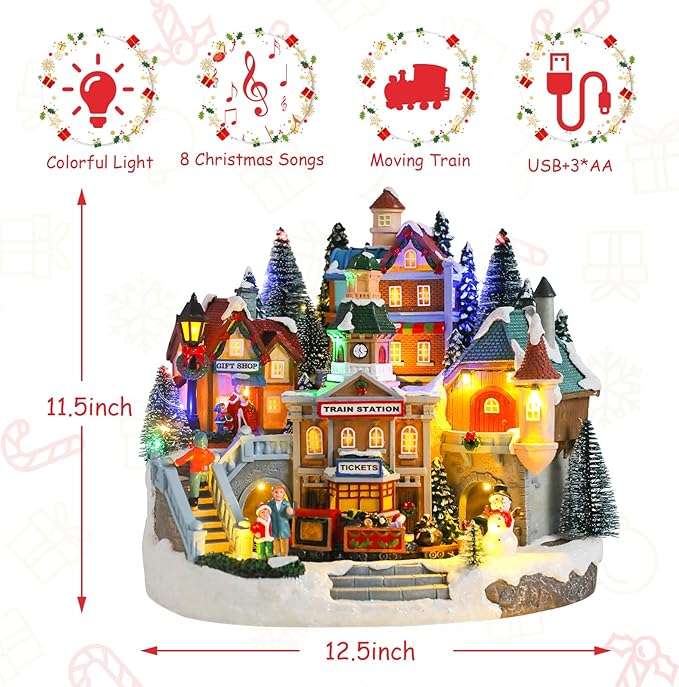 taman Christmas Village Houses - Musical Collectible Buildings with Moving Train Warm Light Ornaments for Christmas Holiday Decorations
