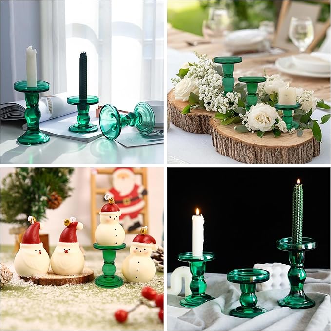 Green Glass Candle Holders Set of 3 Clear Candlestick Holders Vintage Candle Stands for Pillar Taper Candle Tealight Home Decor Table Centerpieces Christmas, Candleholder Sets with 4 Pcs Taper Candles