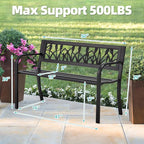 AVAWING Outdoor Bench, 2-Person Garden Benches for Outside, Metal Frame Patio Seating with Floral Pattern Backrest, Armrests for Lawn, Park, Porch, Entryway, Black