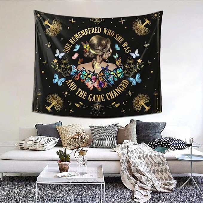 Bapcoku She Remembered Who She Was And The Game Changed Positive Quotes Tapestry Inspirational Gift Wall Decor for Bedroom,Uplifting Encouragement Gifts Butterfly Gifts for Women Teens Girls 60x50in