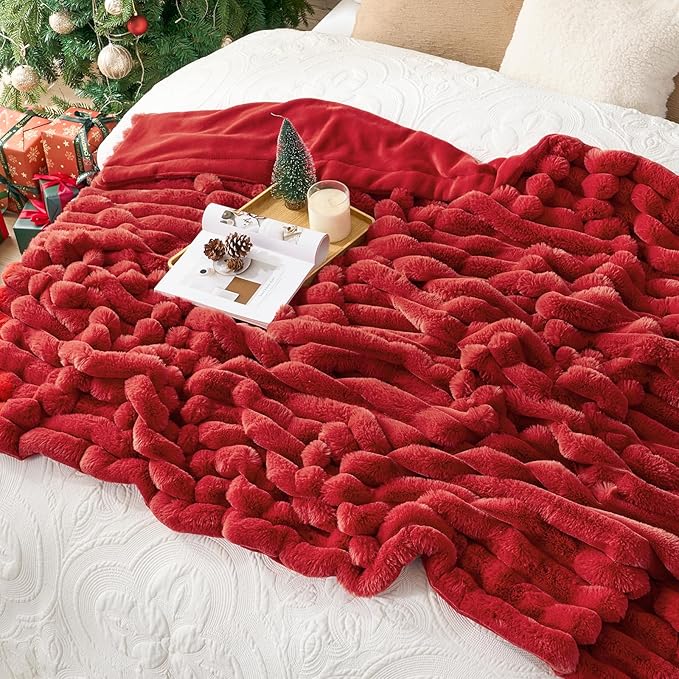 Cozy Bliss Faux Fur Throw Blanket for Couch, Cozy Warm Plush Striped Blanket for Sofa Bedroom Living Room,60 * 80 Inches Cardinal Red