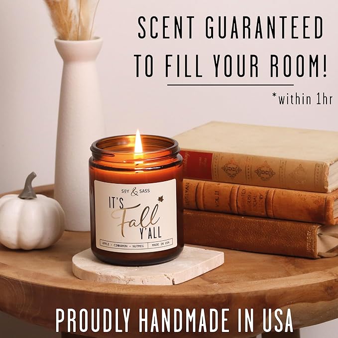 Fall Candles - 'It's Fall Yall' Candle w/Apple Cinnamon & Nutmeg I Infused with Essential Oils I Autumn Scented Candles I Cozy Cute Décor Gifts I 9oz Jar I 50Hr Burn I Made in USA