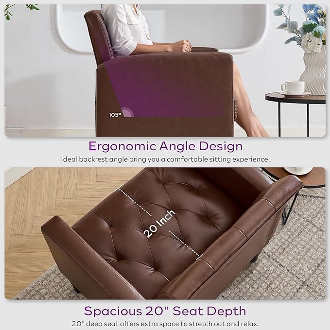 TYBOATLE Accent Chair Comfy Living Room Chair Leather Tufted Mid Century Modern Accent Chair, Small Cozy Reading Arm Chair for Office, Bedroom (1, Brown)