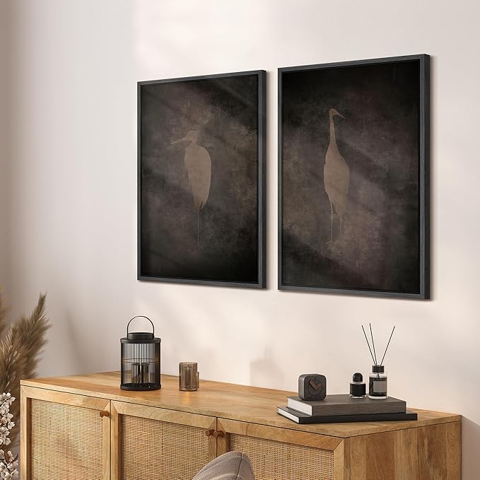 SIGNFORD Framed Canvas Print Wall Art Set Abstract Crane Silhouettes Vintage Dark Tones Illustration Modern Art Decorative Nordic Nature for Living Room, Bedroom, Office - 24"x36"x2 Black