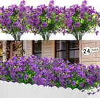24 Bundles Artificial Flowers for Outdoors & Indoors – UV Resistant Faux Plastic Plants for Garden, Patio, Porch, Window Box, Home Decor – Lush & Vibrant Fake Flowers, Purple