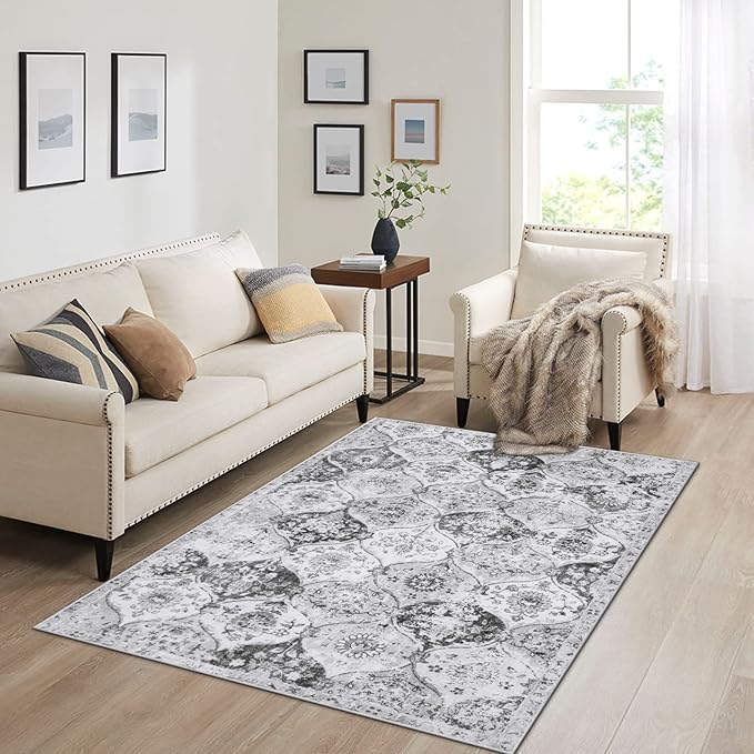 Lahome Moroccan Trellis Washable Small Area Rug, 3x5 Area Rug for Bedroom Living Room, Non-Slip Oriental Accent Throw Carpet for Kitchen Office Entryway Bathroom Office, Silver/Grey