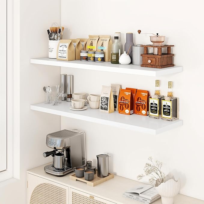 Dreamland 48" Floating Shelves for Wall, 12" Deep Slim White Floating Shelves, Wall-Mounted Shelves for Bedroom, Living Room, Kitchen, Bathroom - Set of 2