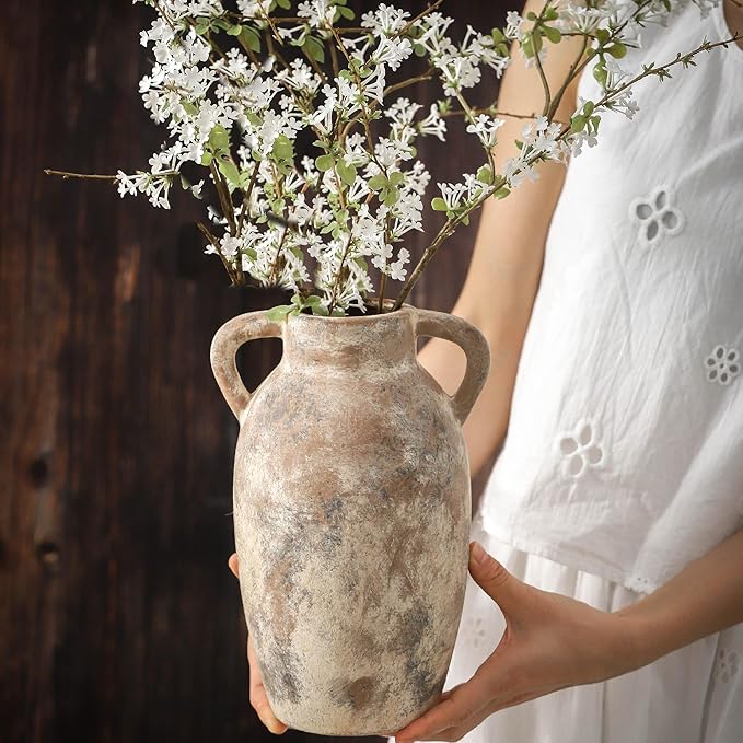 Ceramic Rustic Vase, 9.6 Inch Terracotta Rustic Vase with 2 Handles, Decorative Pottery Flower Vase for Home Decor, Living Room, Shelf Decor, Wedding, Table Decoration