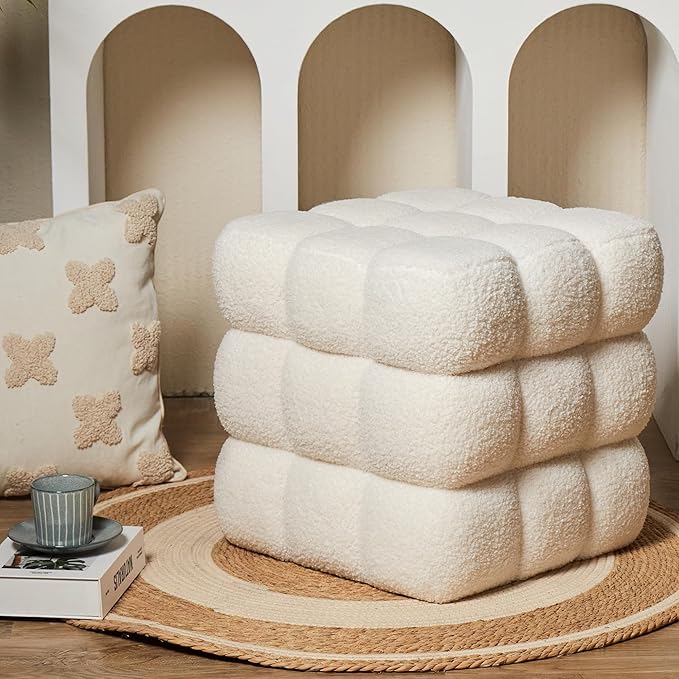 White Square Ottoman 17''3 Cube Pouf Installed,Sturdy Wooden Frame,Capacity 330 lbs,Modern Sofa Stool Fuzzy Sherpa Footstool,Foot Rest,Cube Boucle,Vanity Stool,for Couch Living Room
