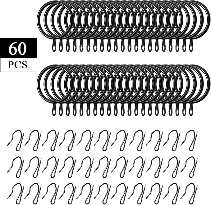 Hotop 30 Pcs Metal Drapery Curtain Rings 0.98/1.26/1.65 inch Interior Diameter and 30 Pcs Hanging Curtain Drapery Pin Hooks for Window Door Shower(25 mm,Black)