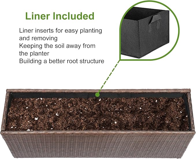 LEWIS&WAYNE Large Rectangular Block Planter Box Handmade Wicker Tall Planters for Outdoor Plants with Removable Liners Modern Planter for Indoor Outdoor Patio Deck - Brown, 36''x12''x16''