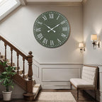Large Wall Clock with Roman Numeral, 35” Shiplap Wall Clock Farmhouse Nearly Non-Ticking, Round Clock for Living Room Decor, Office, Bedroom, Entrance, Green